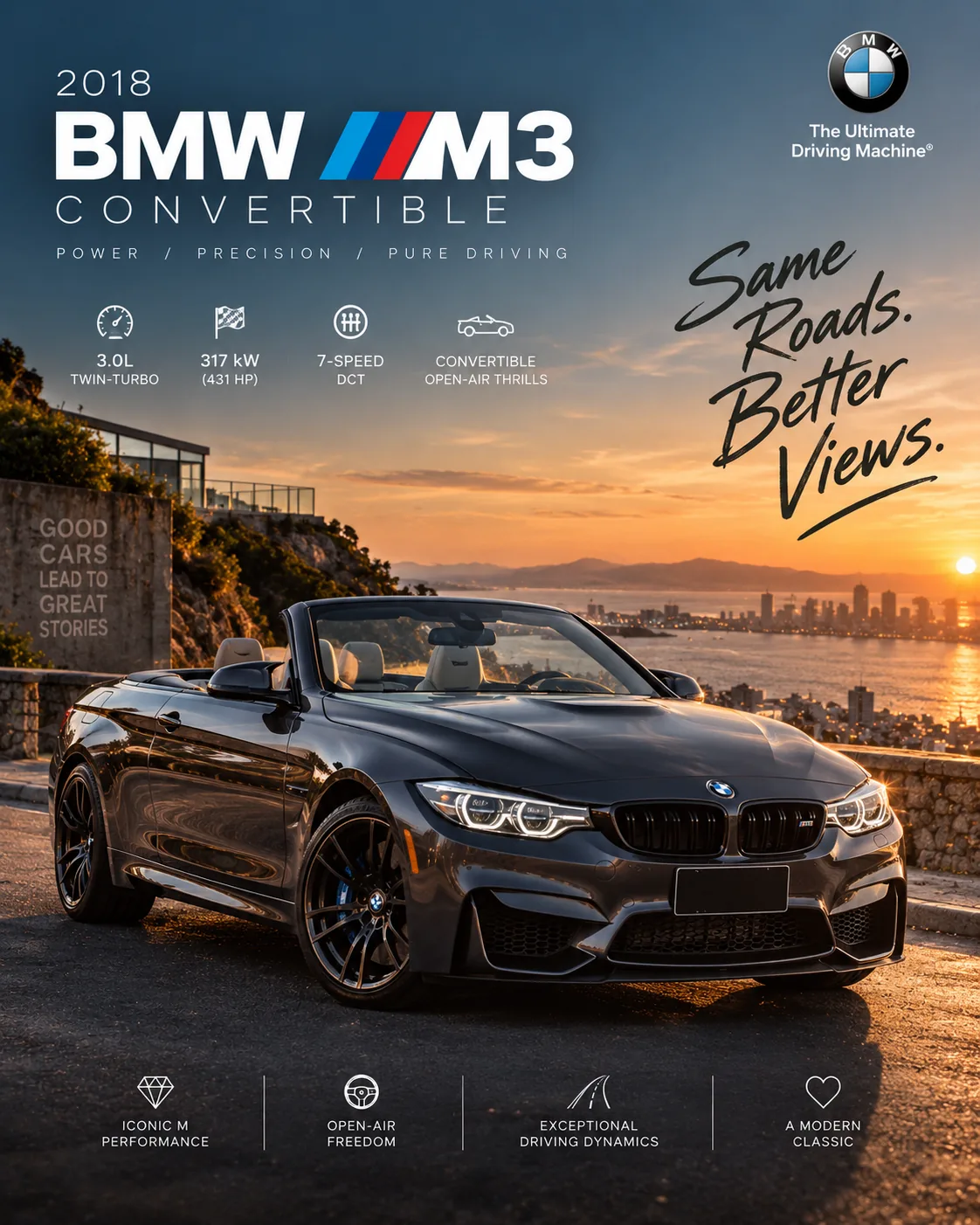 BMW M3 convertible at sunset, campaign poster