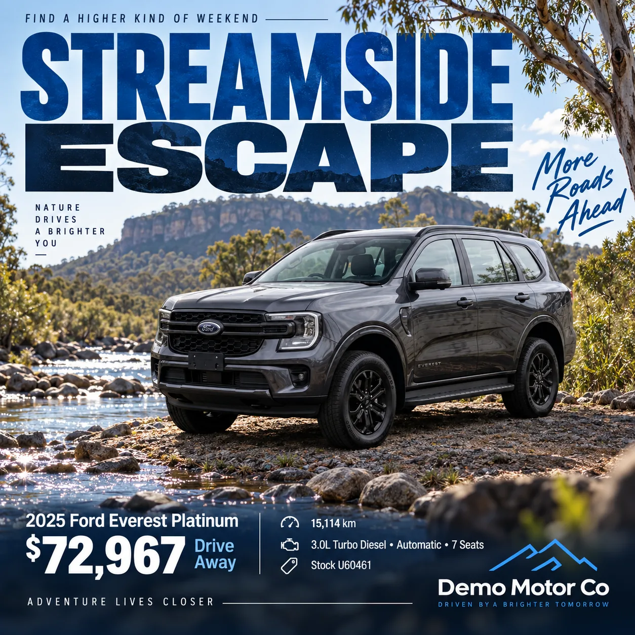 Ford Everest by a mountain stream, campaign poster