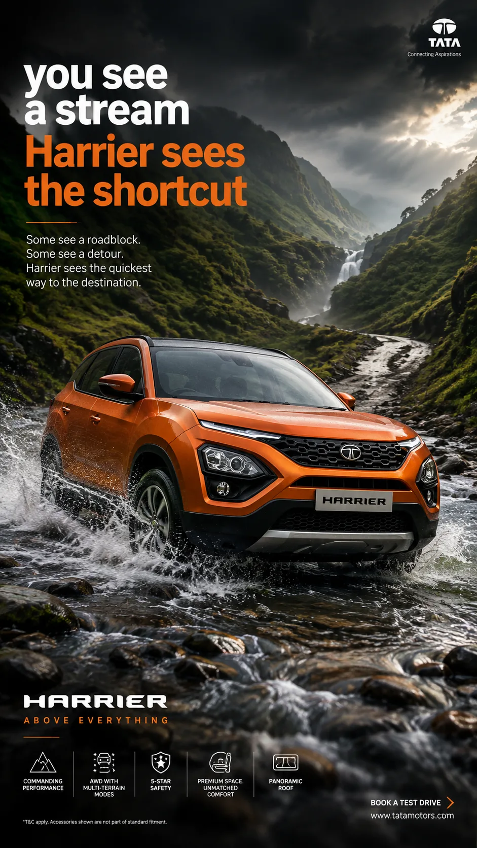 Orange SUV crossing a mountain stream, campaign poster