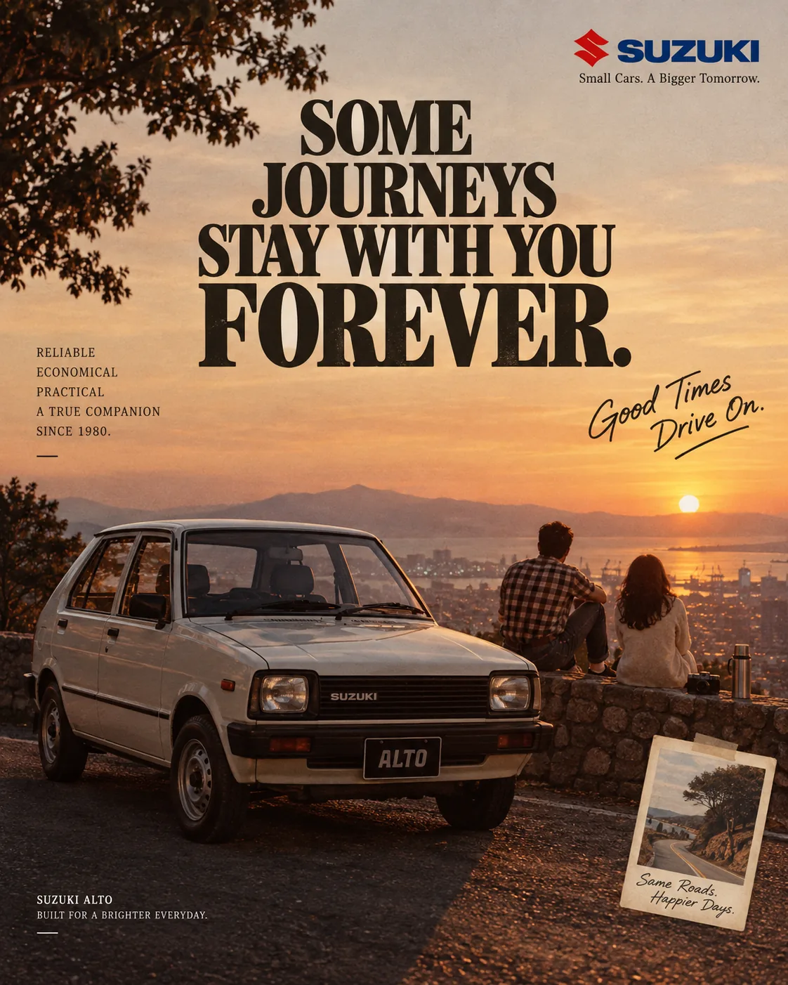 A classic hatchback at golden hour, campaign poster