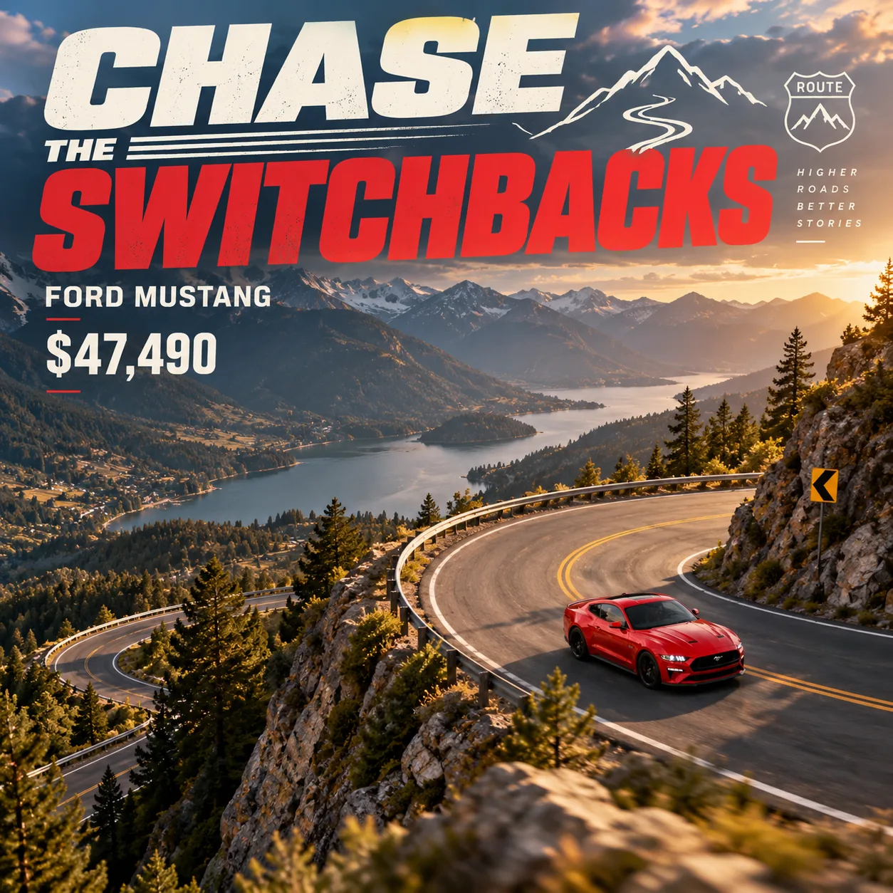 Ford Mustang on a mountain road, campaign poster