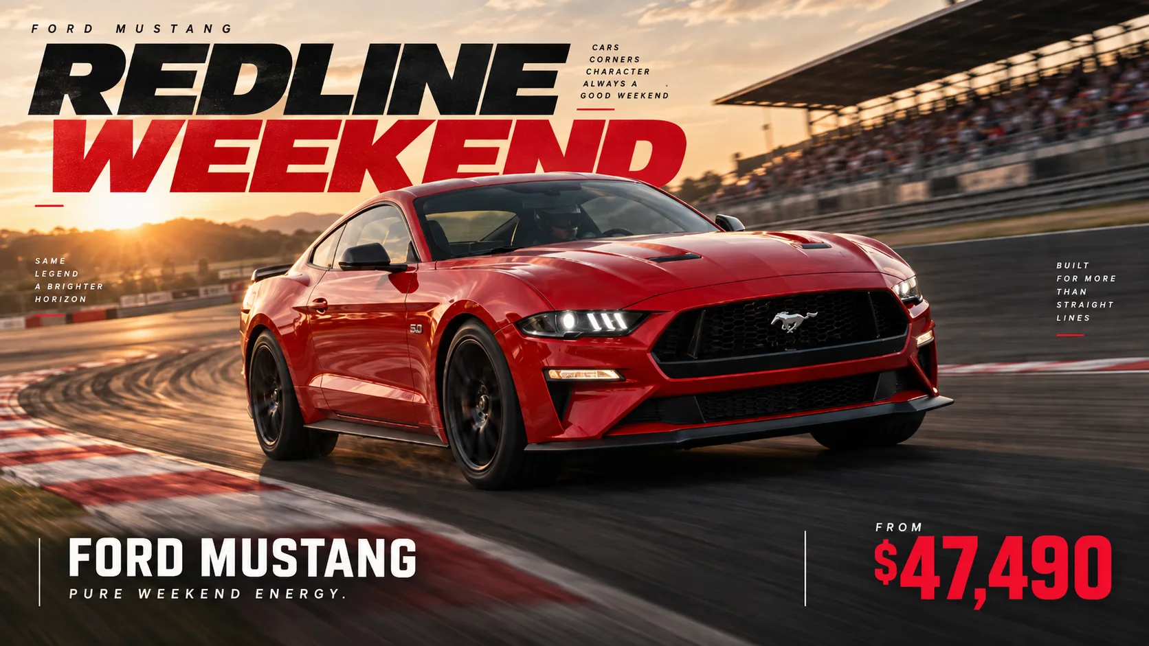 Red Ford Mustang on a race track, campaign poster
