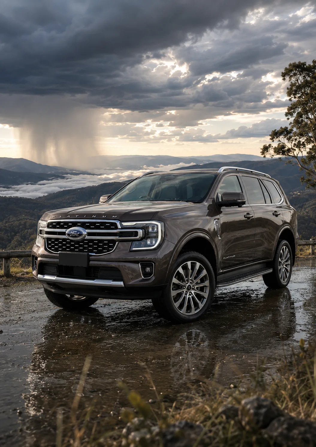 Platinum SUV under a highland storm, campaign poster