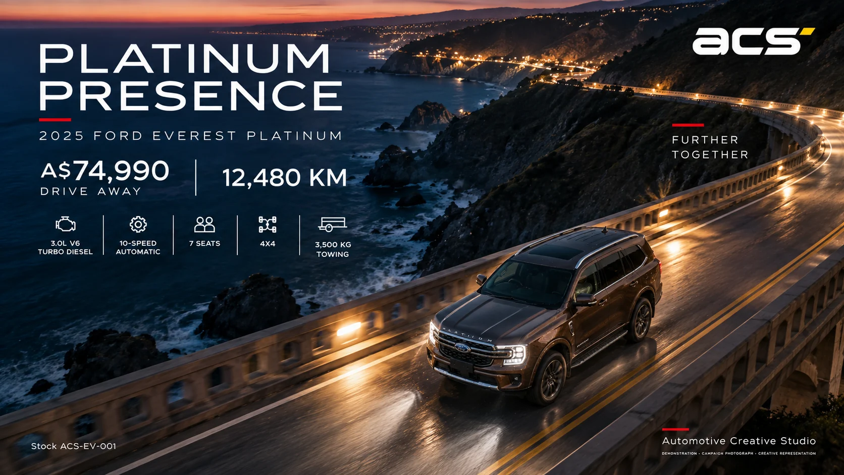 Landscape poster: the Everest Platinum on a coastal road at dusk, A$74,990 drive away